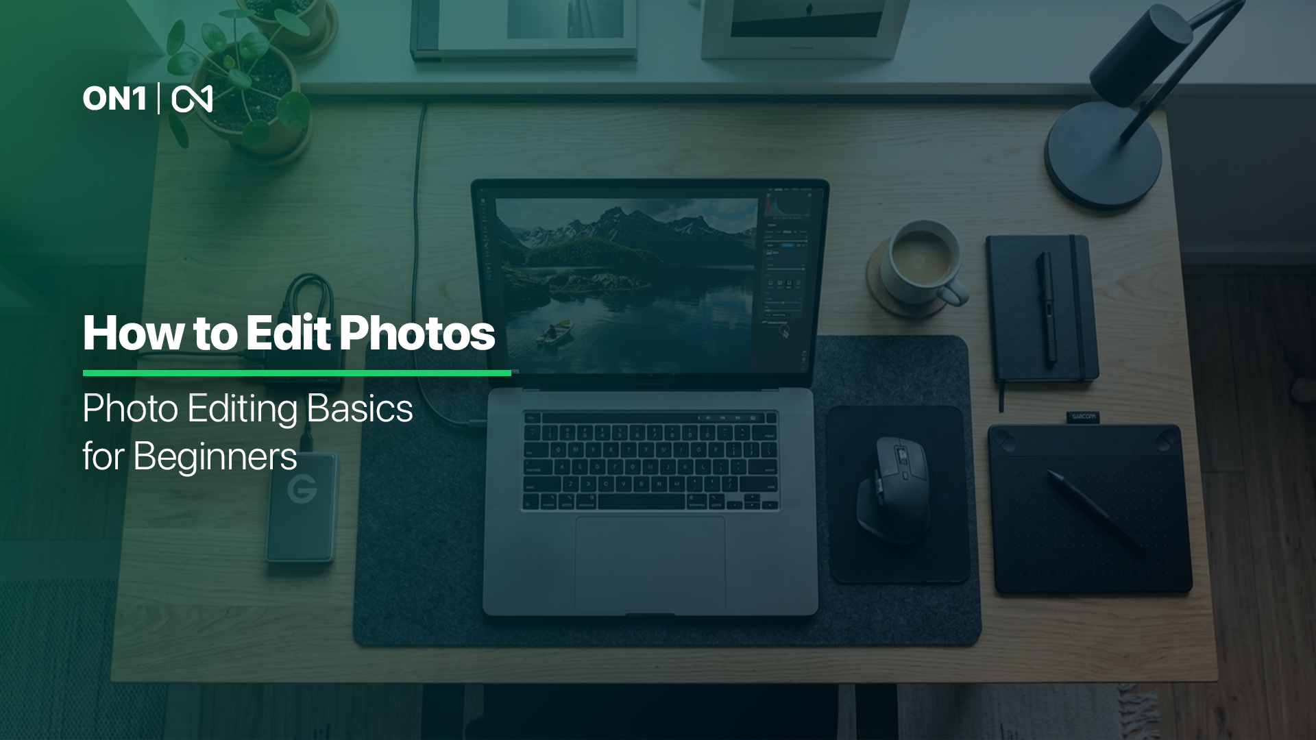 ON1 Photo RAW editing interface on a laptop screen at a clean desk workspace, with text overlay reading "How to Edit Photos: Photo Editing Basics for Beginners."