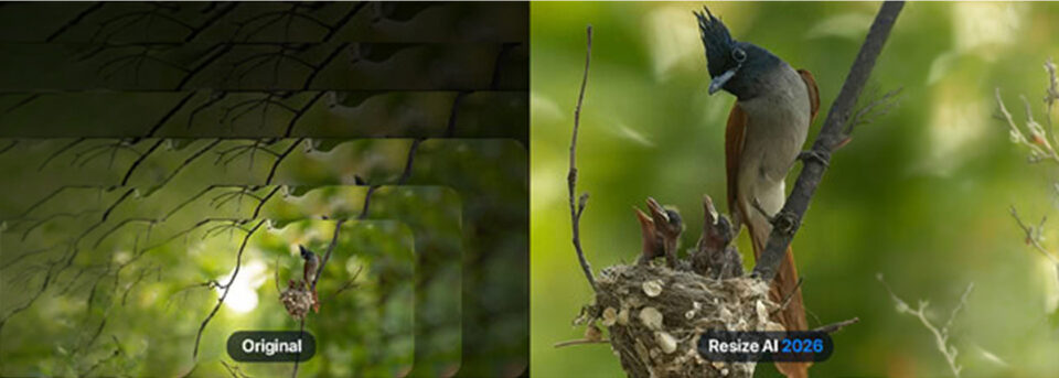 Photo editing styles demonstrated with AI upscaling before and after comparison in ON1 Photo RAW