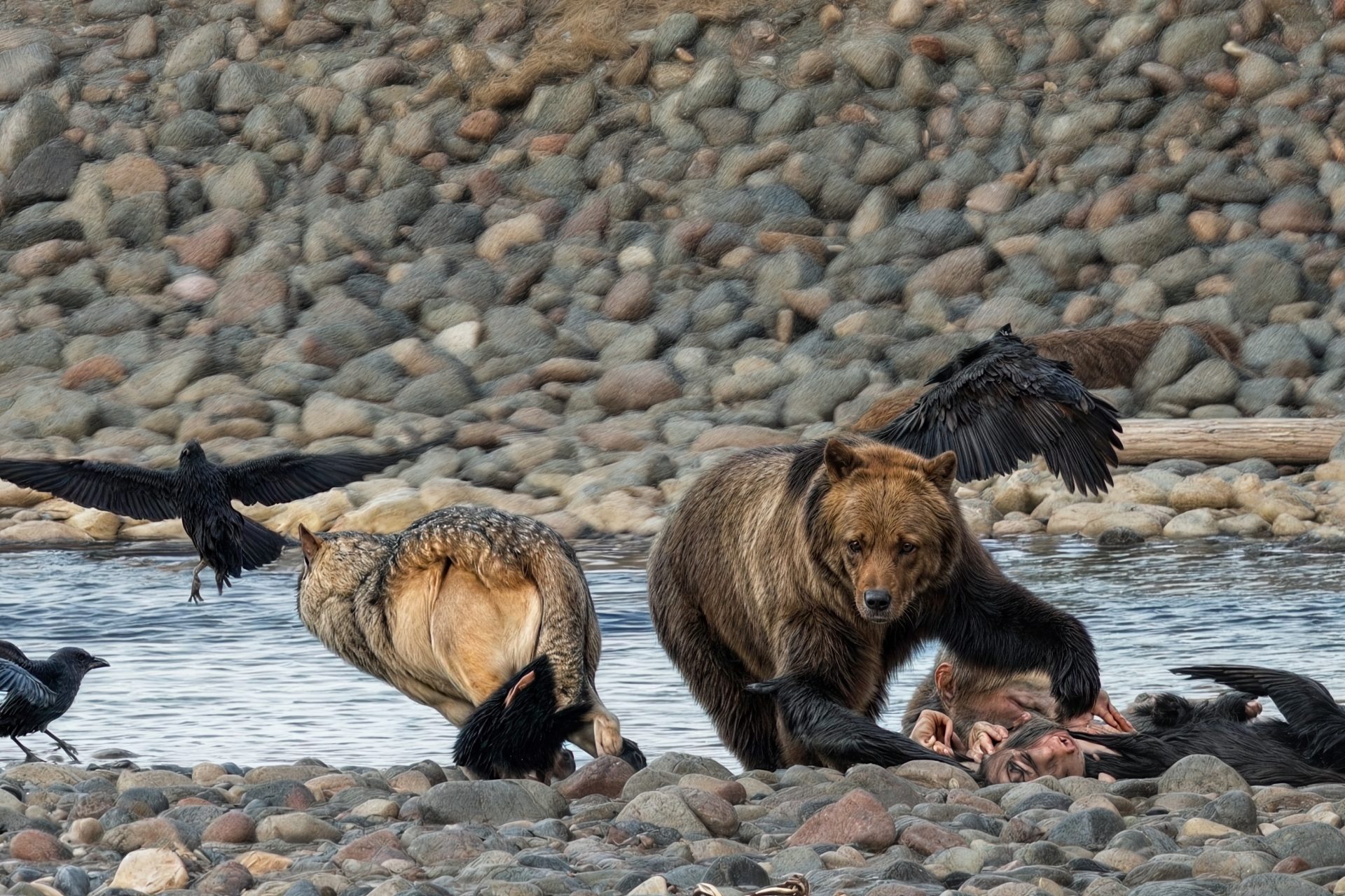 Bear vs Wolf vs Raven on Elk kill