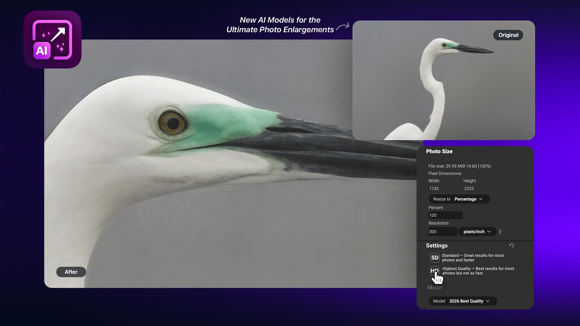 Before and after comparison showing AI photo enlargement with Resize AI 2026