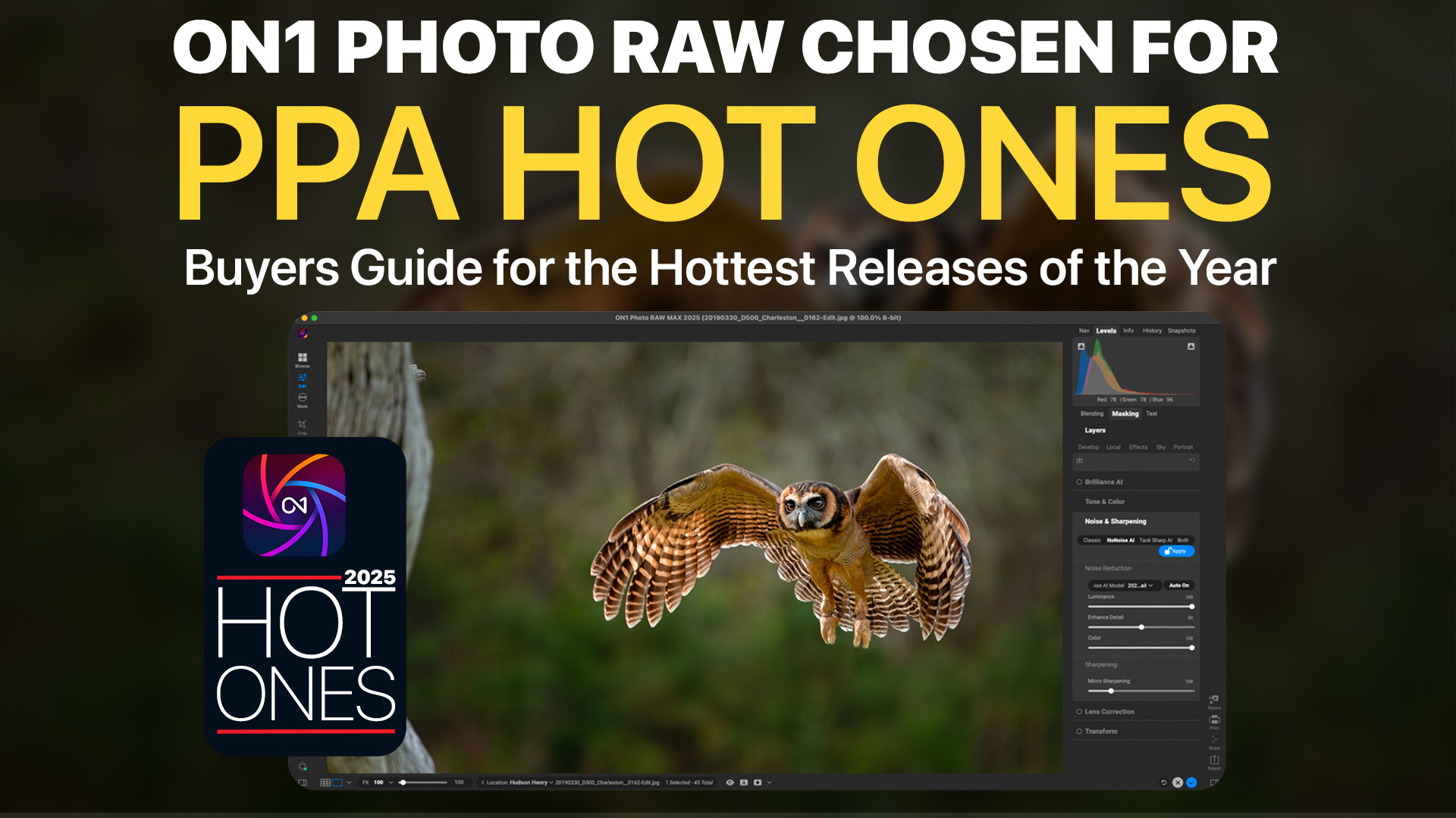 ON1 Photo RAW 2025 featured in PPA Hot Ones Buyers Guide with editing interface and award badge shown alongside an owl photo