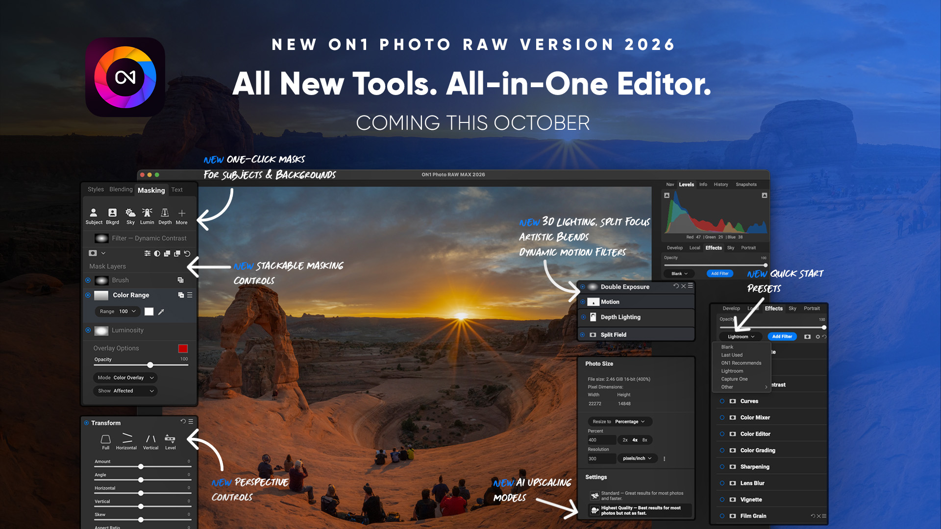 ON1 Photo RAW 2026 user interface with new AI photo editing features highlighted, shown over a landscape photo of Delicate Arch in Utah.