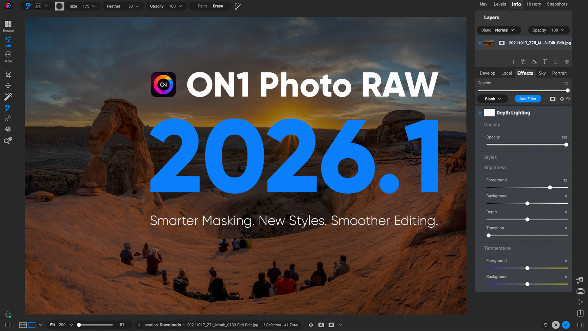 ON1 Photo RAW 2026.1 interface showing updated Mask Layers, new Styles, and enhanced editing workflow.