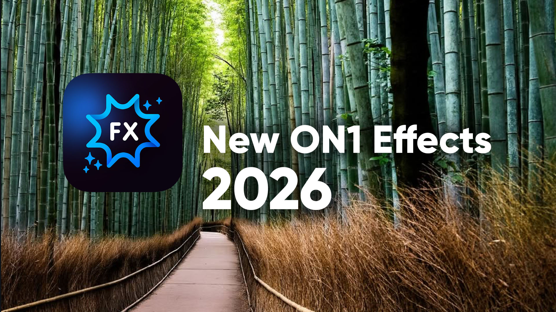 Promotional image announcing ON1 Effects 2026, showing a bamboo forest background with the ON1 Effects 2026 app icon and release text.