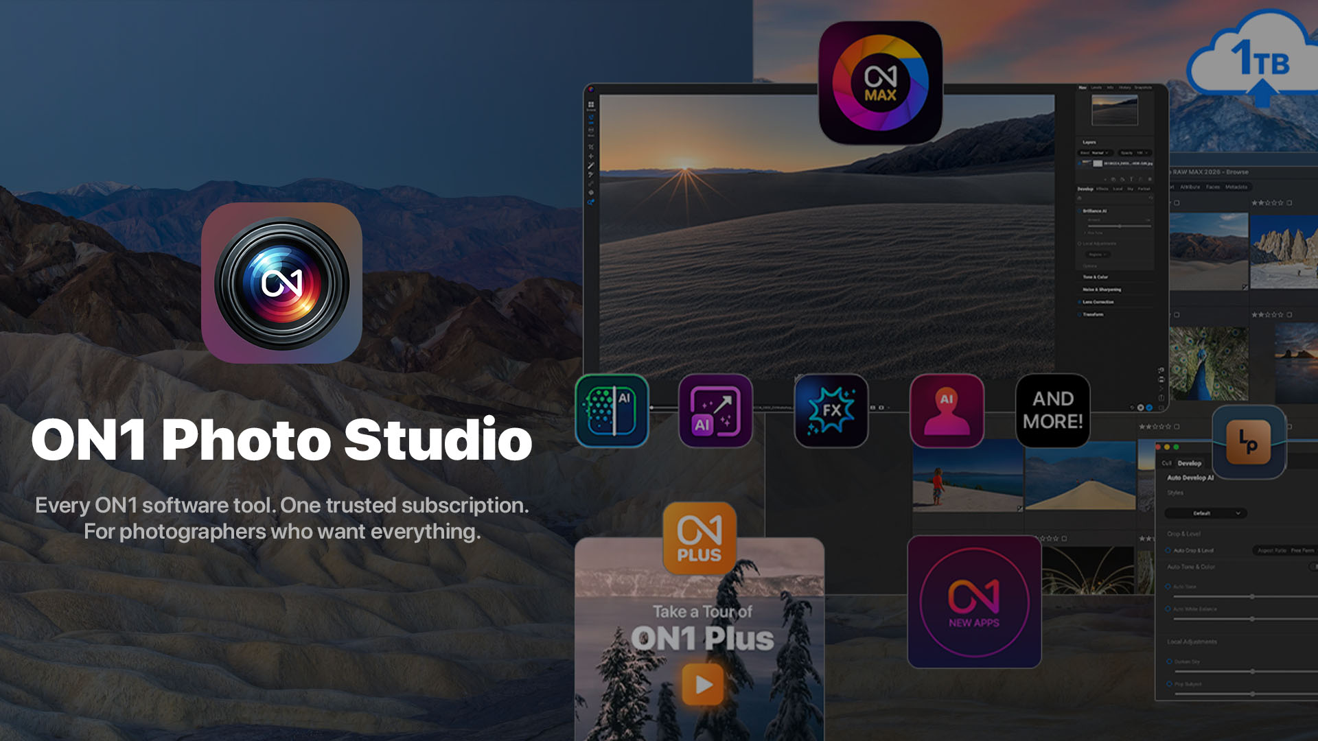ON1 Photo Studio interface showing Photo RAW MAX, AI photo editing tools, cloud sync, and included ON1 apps in one all-in-one photo editing subscription.