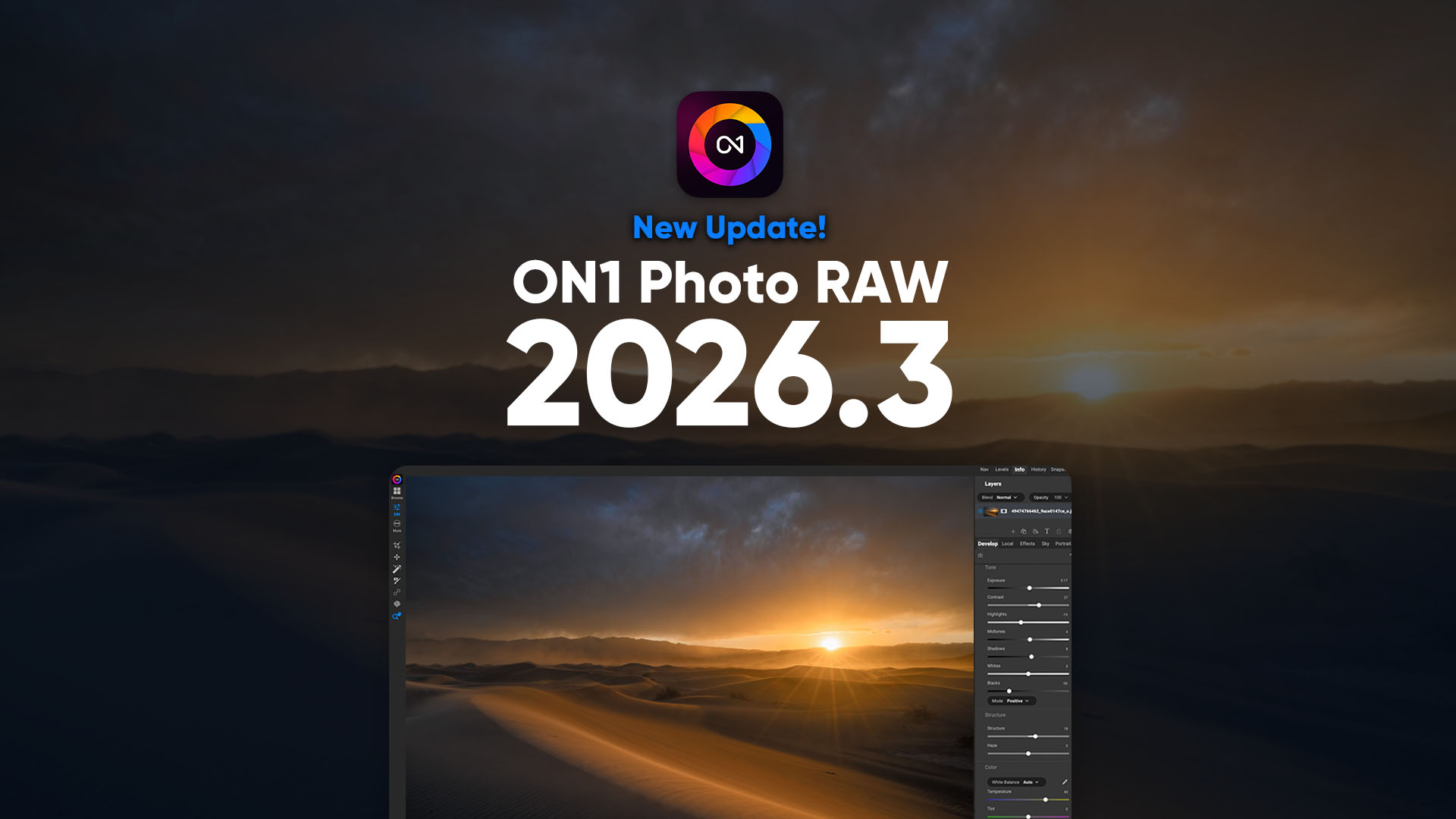 ON1 Photo RAW 2026.3 update announcement featuring AI photo editing software interface and sunset landscape image