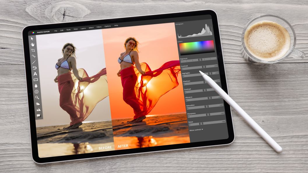 Tablet displaying before-and-after photo editing of a sunset beach image.