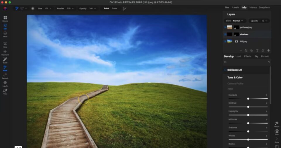 ON1 Photo RAW interface demonstrating how to paint realistic shadows into a landscape composite using layers and masking tools.