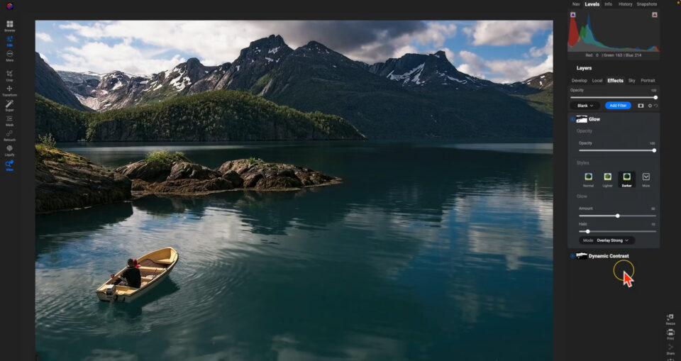 ON1 Photo RAW interface demonstrating best practices for adding detail into landscapes using Dynamic Contrast and Glow on a mountain lake scene.