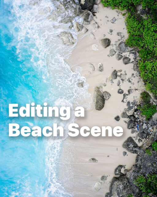 Editing a beach scene in ON1 Photo RAW featuring an aerial coastal shoreline with turquoise water, sand, and rocks enhanced for depth and color.