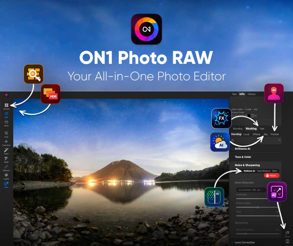 ON1 Photo RAW interface showing AI tools, RAW editing controls, and the all-in-one photo editing workflow.