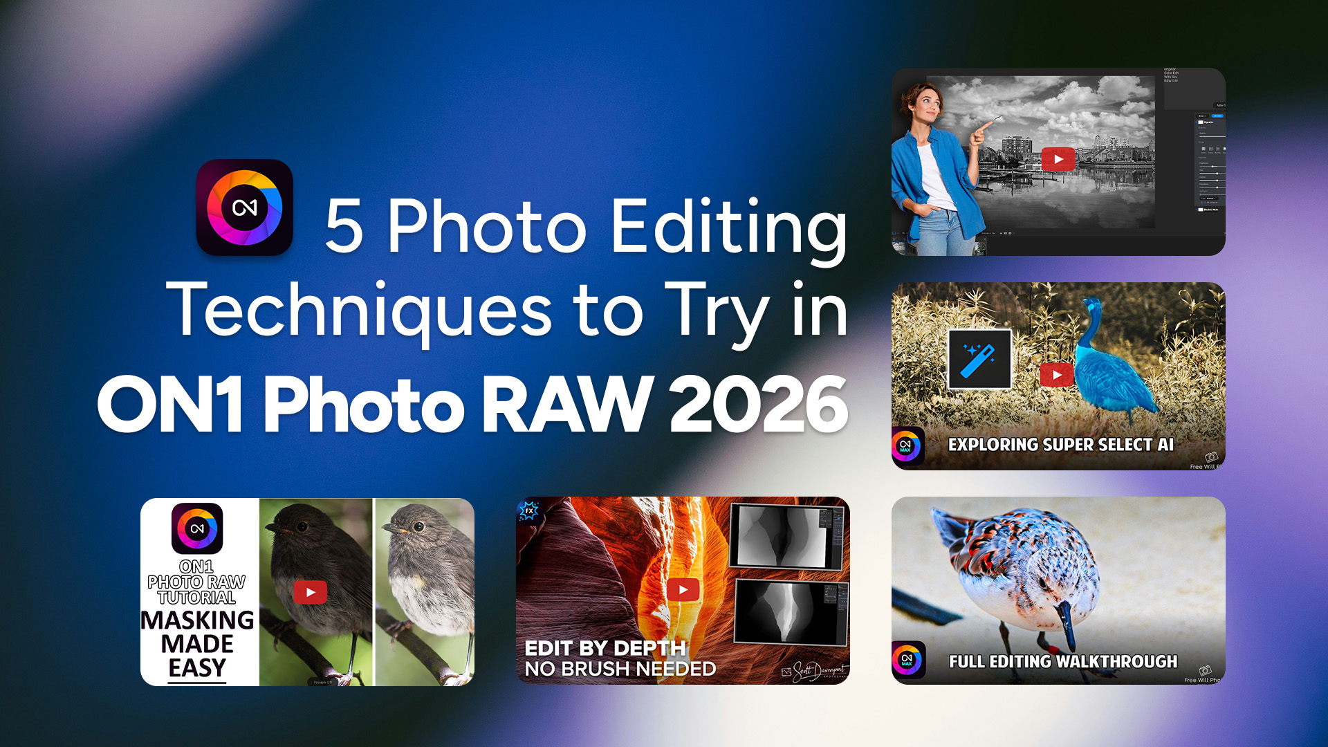 ON1 Photo RAW 2026 tutorial covering AI photo editing tools like Super Select AI, masking, and Depth Mask