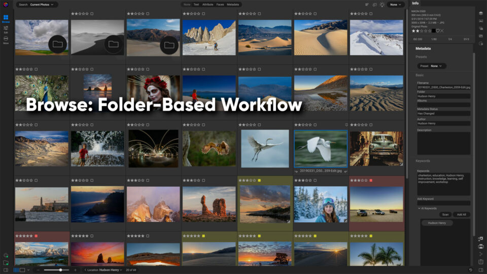 ON1 Photo RAW Browse module showing folder-based photo workflow and thumbnails