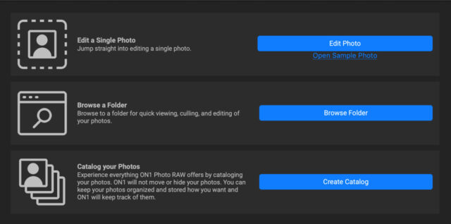 Browse mode in ON1 Photo RAW displaying folder navigation and photo thumbnails