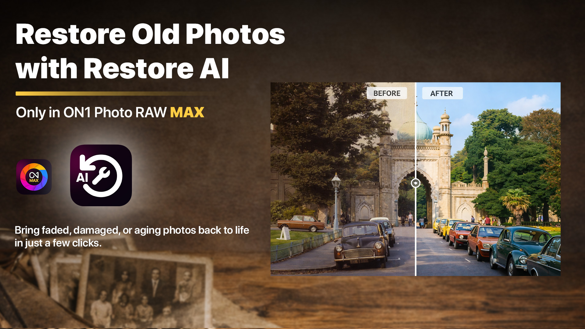 ON1 Restore AI photo restoration showing before and after of old damaged photo repaired with AI inside Photo RAW MAX.