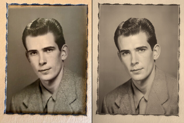 Side-by-side comparison of a 1950s black-and-white portrait and a sepia-toned restored version using AI photo restoration, showing improved detail and tone.