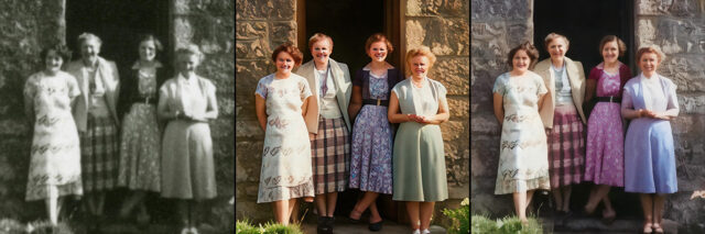 Side-by-side comparison of a blurred black-and-white photo of women outside a house and two AI-restored color versions, showing improved detail, clarity, and reconstructed faces.