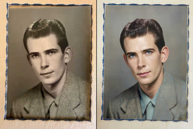 Side-by-side comparison of a 1950s black-and-white portrait and a colorized AI restoration with blue eyes, showing enhanced detail, realistic skin tones, and corrected eye color.