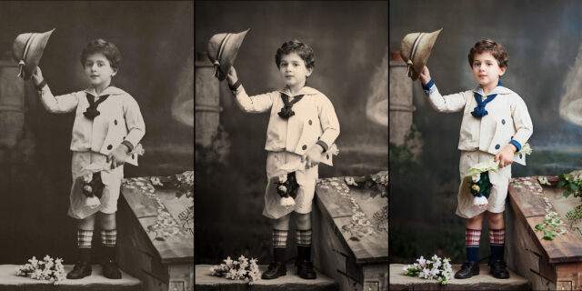 Three-panel comparison of a vintage black-and-white child portrait, an enhanced monochrome restoration, and a fully colorized AI restoration showing improved detail, clarity, and lifelike color.