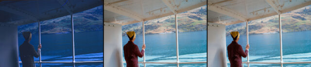 Three-panel comparison of a woman on a boat with a blue color cast, an AI-corrected version, and a refined final image showing improved color, detail, and natural tones.