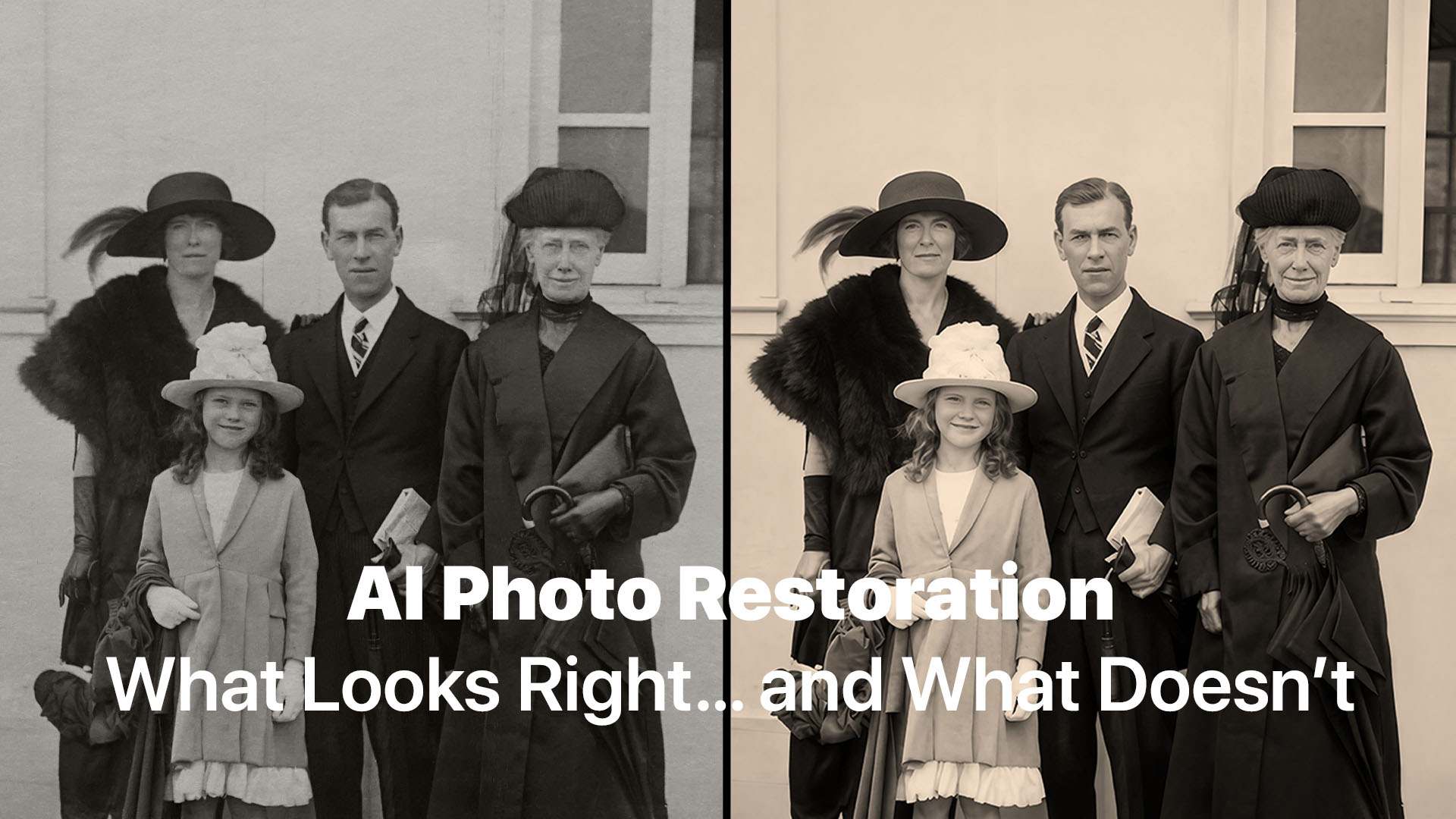 Before-and-after comparison of a vintage family portrait restored with AI, showing improved clarity, contrast, and preserved detail for a blog hero image.