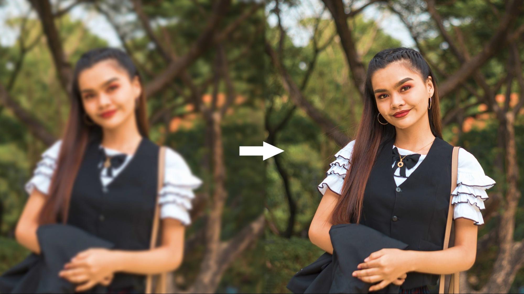 Before and after comparison of AI sharpening software restoring detail and clarity to a soft, noisy portrait photo