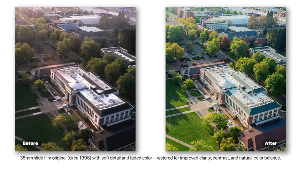 Before and after AI photo restoration of aerial architecture photo from 35mm slide film with enhanced detail and color.