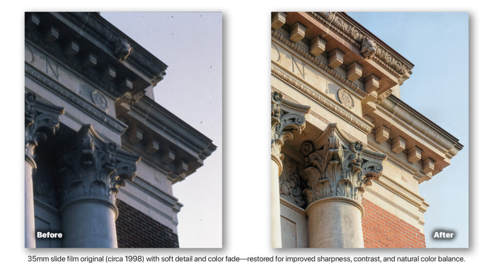Before and after AI photo restoration of architectural column detail from 35mm slide film with improved sharpness and color.