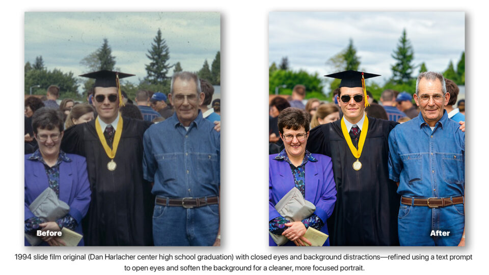 Before and after AI photo restoration of 1994 graduation portrait with corrected eyes and improved clarity.