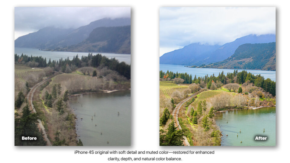 Before and after AI photo restoration of iPhone 4S landscape with enhanced detail and corrected color.