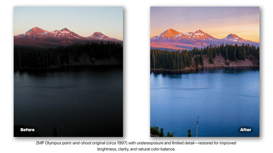 Before and after AI photo restoration of Olympus 2MP point-and-shoot landscape with corrected exposure and enhanced clarity.