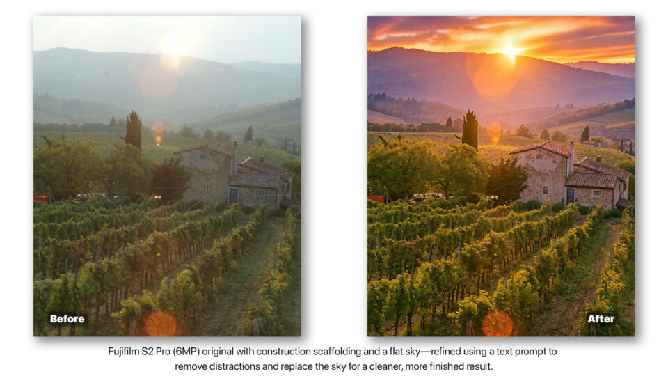 Before and after AI photo restoration of vineyard landscape with sky replacement and enhanced sunset lighting.