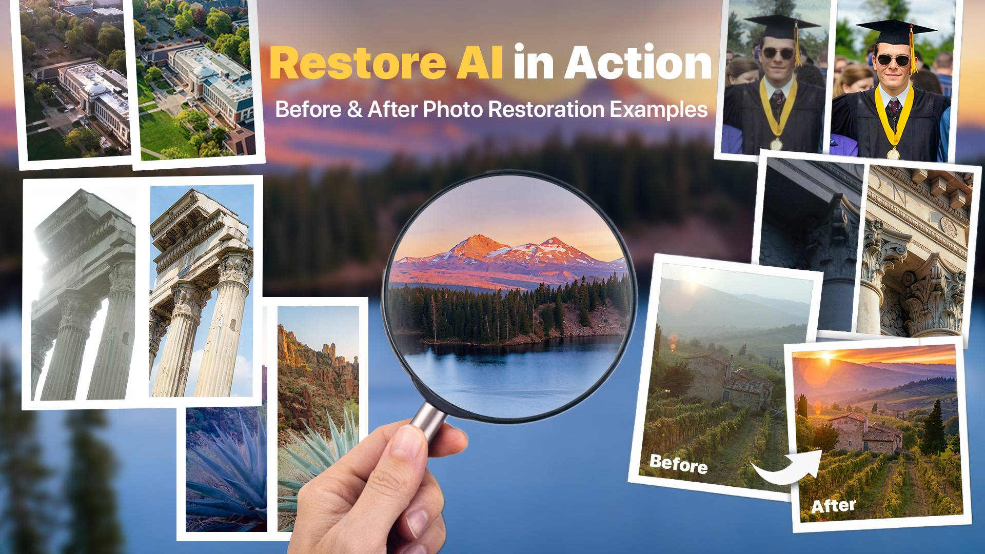Restore AI in action showing before and after photo restoration examples with improved color, clarity, and detail across landscapes, architecture, and portraits
