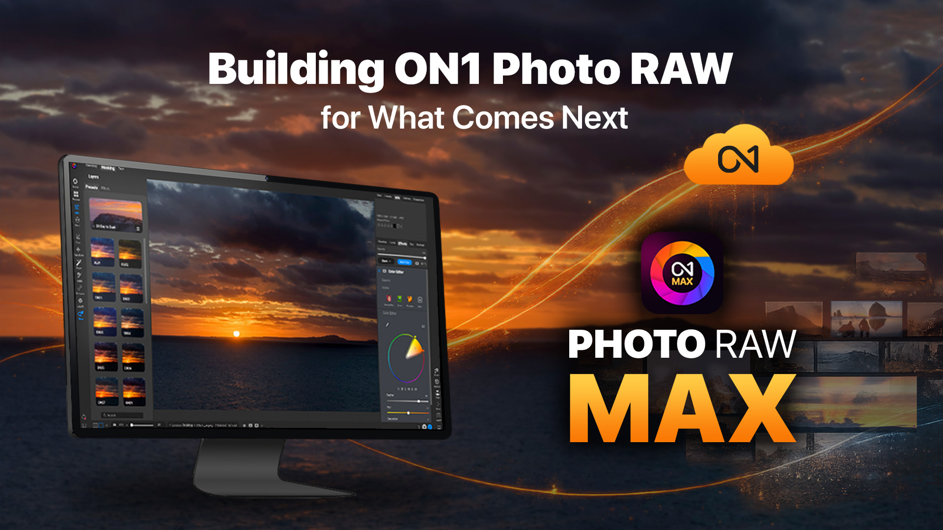 ON1 Photo RAW MAX interface showing AI photo editing workflow and cloud-powered features as a Lightroom alternative