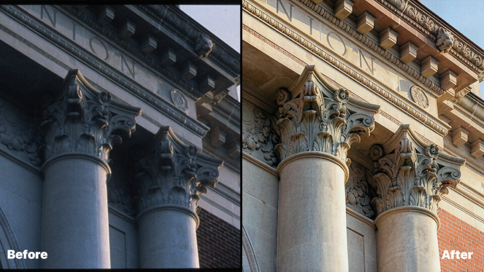 Before and after example of ON1 Restore AI improving detail, clarity, and lighting on architectural columns