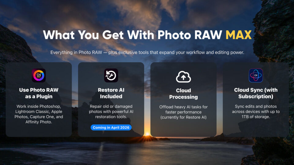 ON1 Photo RAW MAX features including Restore AI, cloud processing, plugin support, and cloud sync for photo editing workflows.