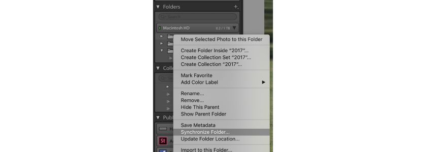 Adobe Lightroom folder panel showing the Synchronize Folder option in a right-click menu.