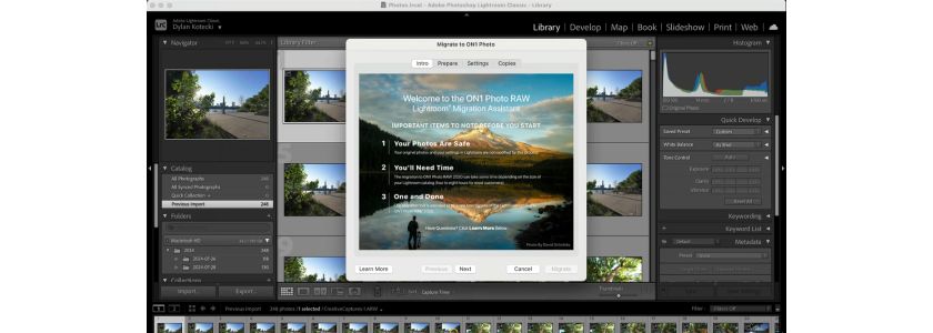 ON1 Photo RAW migration assistant welcome screen is displayed in Adobe Lightroom Classic.