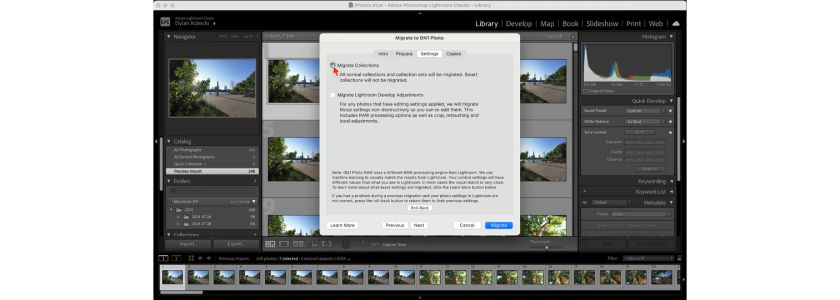 ON1 Photo migrate collections settings screen open in Adobe Lightroom Classic.