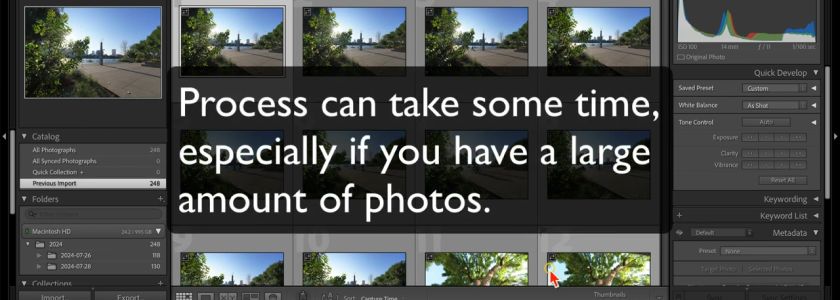Adobe Lightroom catalog interface showing a large photo library with landscape images.