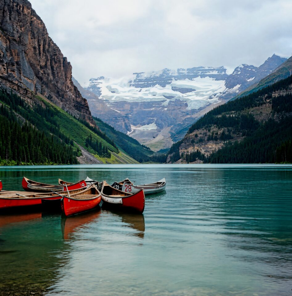 A wide mountain valley with a glacier, shot on film and restored