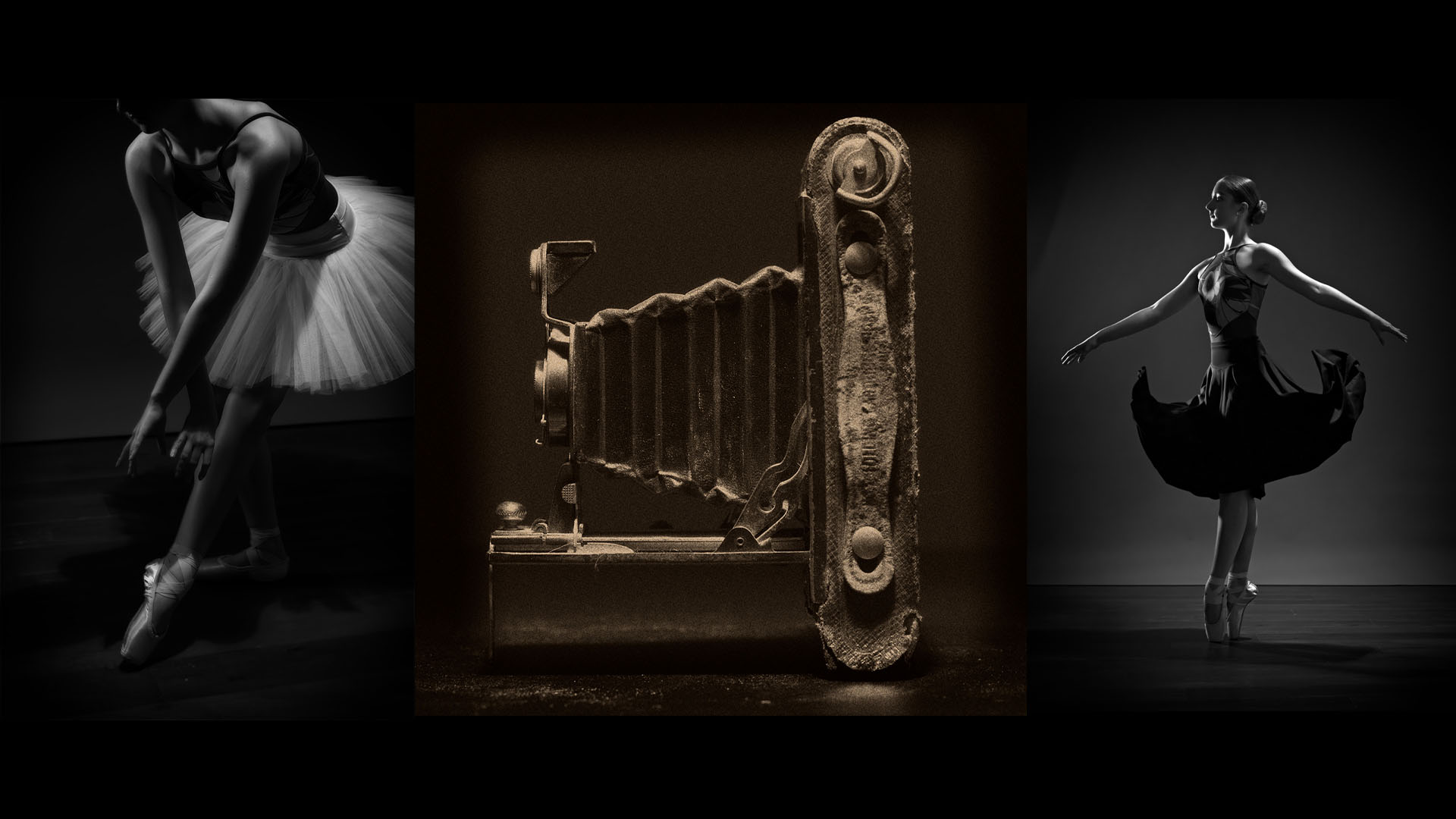 Ballet dancer and vintage camera still life composite photograph taken in a home studio by Dan Harlacher