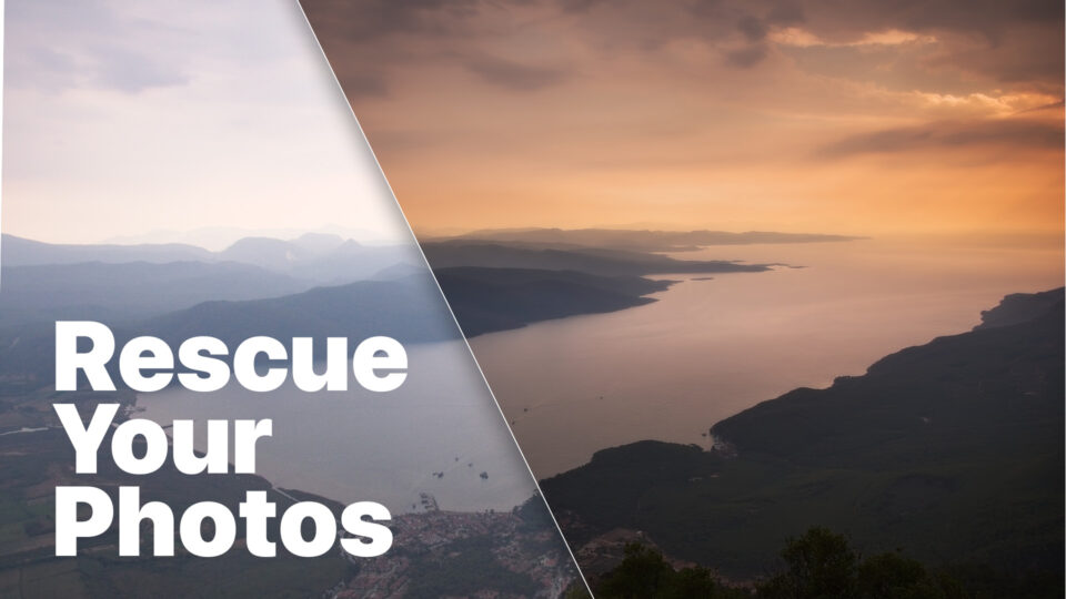 Rescue Your Photos course cover showing a coastal landscape before and after editing