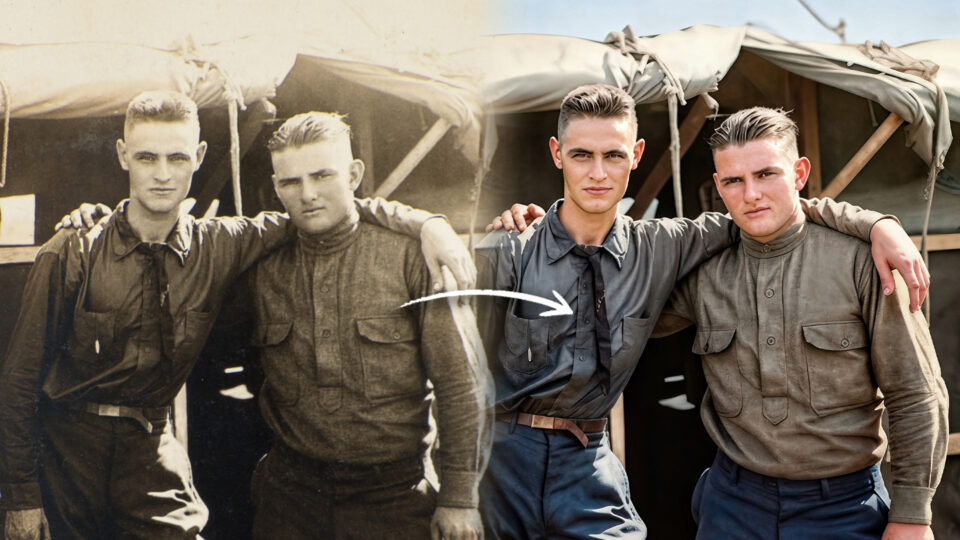 Restored vintage military photo with arrow showing detail recovery in ON1 Photo RAW MAX 2026