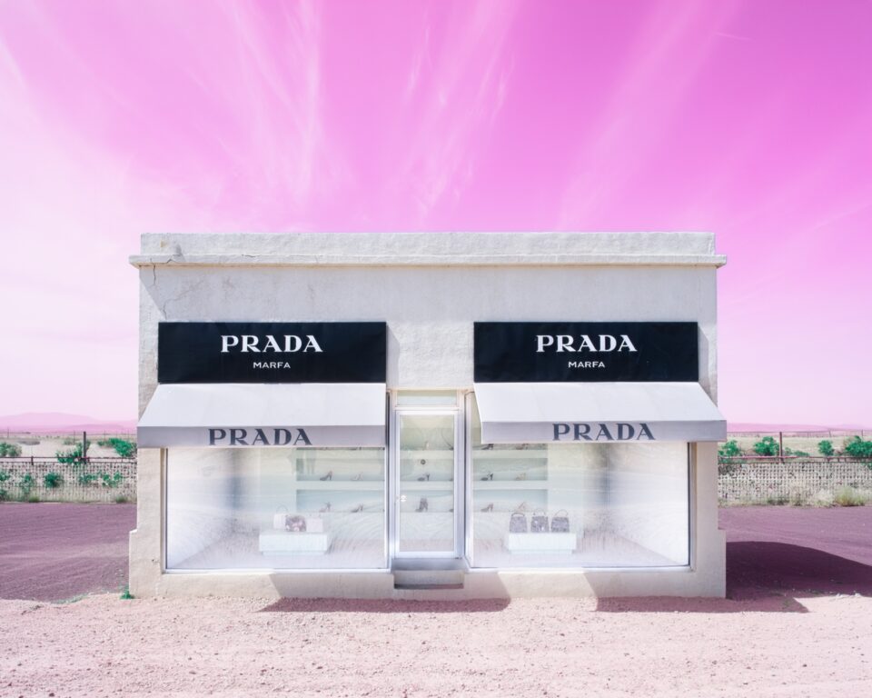 The Prada Marfa art installation, a fake storefront sculpture in the west Texas desert outside Marfa