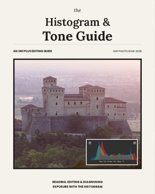 Histogram and Tone sliders showing real-time tonal changes in ON1 Photo RAW 2026