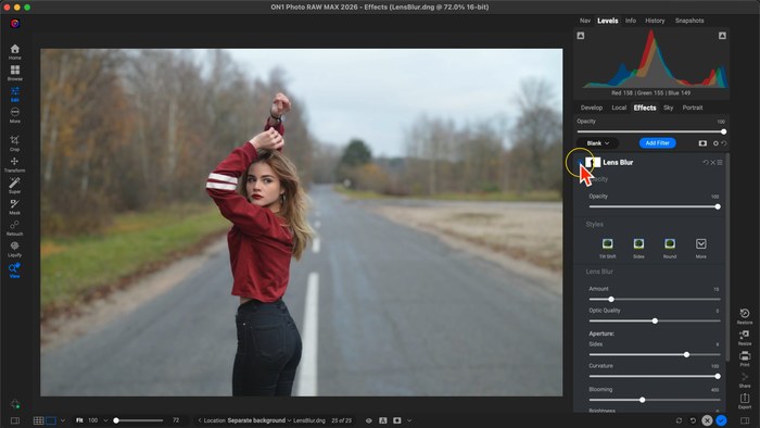 Background Mask and Lens Blur separating a subject from a busy background in ON1 Photo RAW 2026