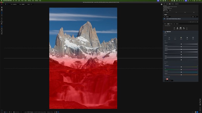Nondestructive masking and Tack Sharp AI editing a Patagonia landscape in ON1 Photo RAW 2026