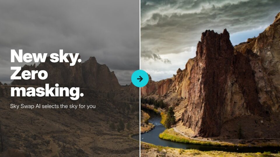 Sky Swap AI tutorial in ON1 Photo RAW replacing a flat sky over a landscape photo