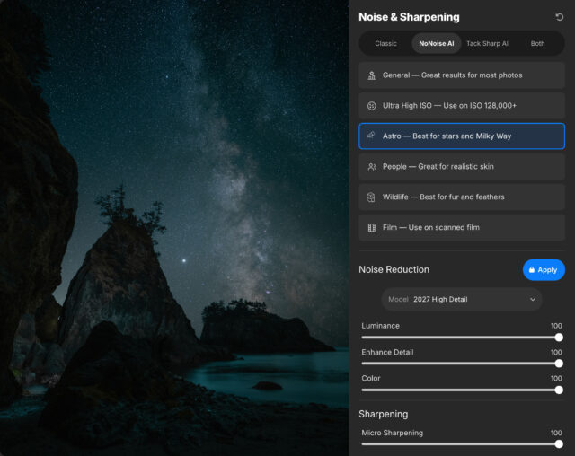 ON1 NoNoise AI 2027 model selector panel set to Astro for a Milky Way night sky photo